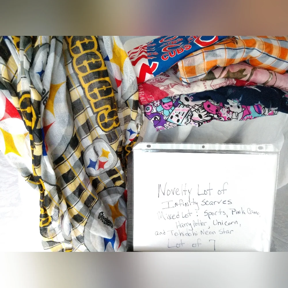 Novelty Infinity Scarf Lot of 7 Fun Fashion Scarves Sports Unicorn Tokidoki Etc
